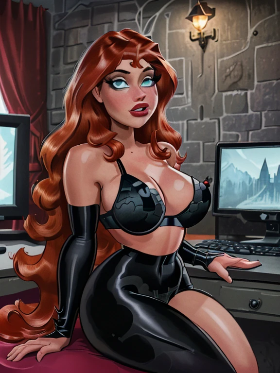 (a girl working with computers in batcave,( red long curly hair),beautiful icy blue eyes,beautiful detailed lips,beautiful face,long eyelashes, best quality,highres,ultra-detailed,realistic,dark castle vibes,Professional photographer shot, (grey sponge bra ) , ( black pantyhose ) fat thighs