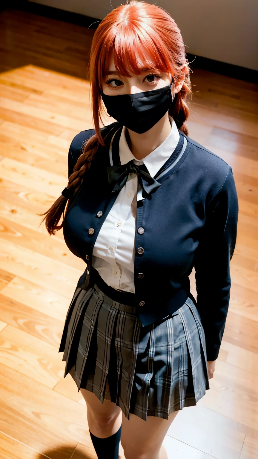 Highest quality、Ultra-high resolution、RAW Photos、(Shooting from above)、Professional Lighting、Detailed Background、In the classroom、full body,Makima、25-year-old female、(High tone cherry pink hair)+(Long braided hair)+(bangs)、(Yellow Eyes)、(Japanese high school girls uniform)、(Uniform ribbon:1.1)+(White shirt:1.1)+(Blue checkered pleated skirt:1.2)、Large Breasts、(Huge breasts that look like they might burst:1.1)、(Big thighs:1.1)、Beautiful Skin、Wide-open eyes、A sloppy smile、Model pose、Wear a black mask、Wide-open eyes、Beautiful double eyelids