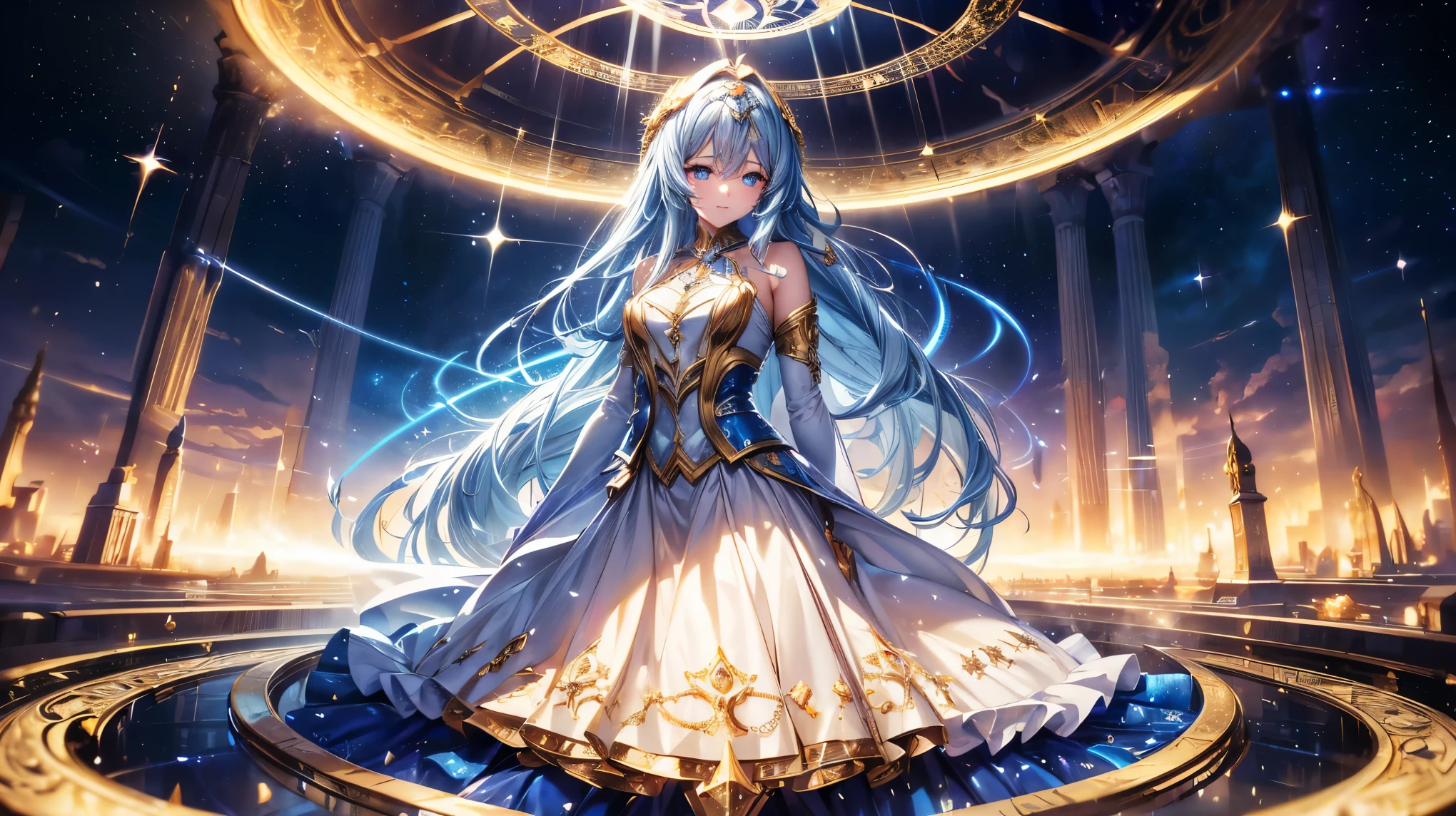 (best quality, ultra-detailed, masterpiece:1.2), fair, spokesmodel goddess, Chronos, eternity, time god, ancient times, mystery, magic, god rays, galaxy, stardust, ethereal face, enchanting eyes, flowing hair, celestial landscape, shimmering long skirt, starry magic circle, ethereal lighting, Octane Render