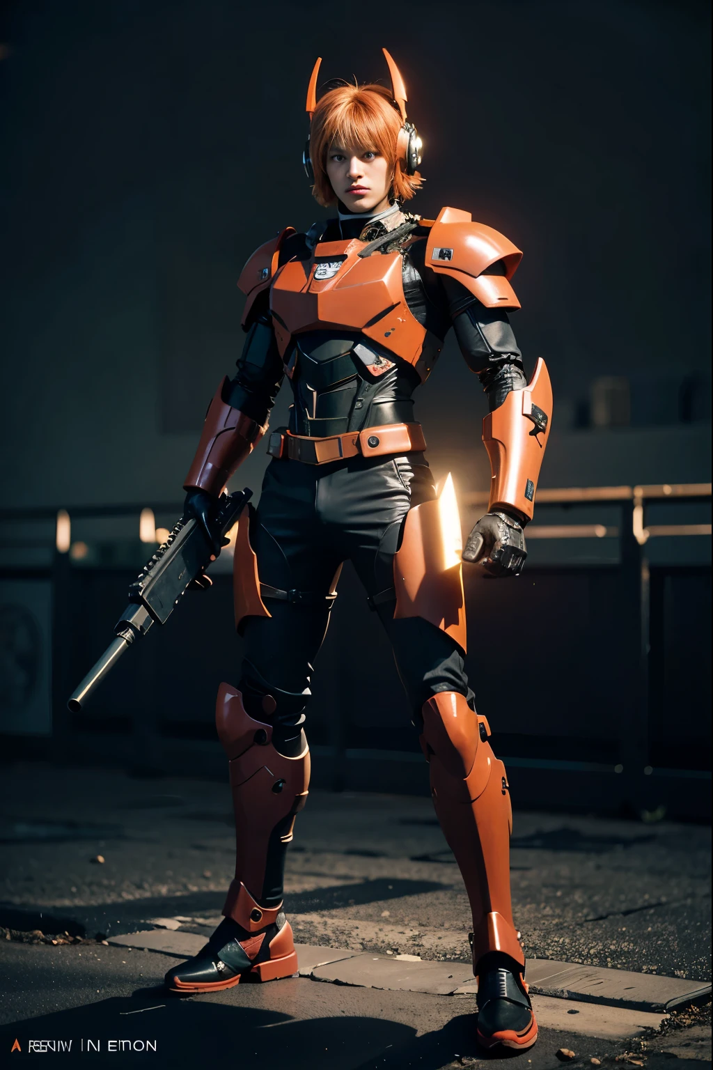 BJ_cute_Mecha,One boy,一人in,Looking_in_Audience,green_eye,Holding,Are standing,full_body,arms,orange_hair,Bat Wings,Little,Holding_arms,Black theme_red_accent_armor,gun,Hello,,Helmet,Holding_gun,force_armor,
Professional lighting,Strong contrast,High level of detail,highest quality,masterpiece,White Background,