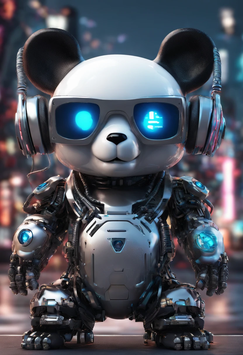 Cute Panda Robot,Wearing sunglasses, Put on your headphones, Standing position, Abstract Beauty, dynamic, Highly detailed digital painting, Concept Art, 8k, High resolution