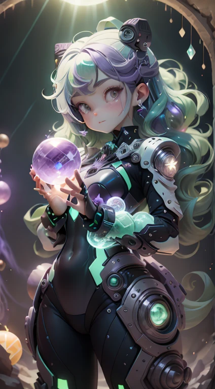 masterpiece, highest quality, One girl, with long flowing iridescent hair in shades of purple, green, Green and, Wearing a shiny black bodysuit, Put one hand on your hip、In the other hand, a light shines, Magic crystal ball. In the background, A swirl of light and energy、It gives the scene a mysterious and enchanting atmosphere.。. glow 髪, Multicolor Hair