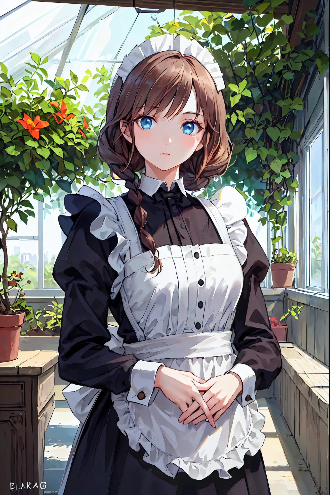 ((Floral Style)), (advntr), (One girl), (((alone))), (Realistic:1.5), Particles of light, light, Victorian, (Best illustrations), photoRealistic, Octane Rendering, 8k, Neon Light, Flying Car, Detailed face, Fine grain, ((Maid)), Maid headband, Long braids, Very long hair, Brown Hair, blue eyes, (Sharp eyeliner, eye shadow, Fine grain:1.1), (Ulzzang-6500), Model pose, (Are standing), (Outdoor), noon, Public place, indoor, (Greenhouse in the background), Blake G36 Small Breasts