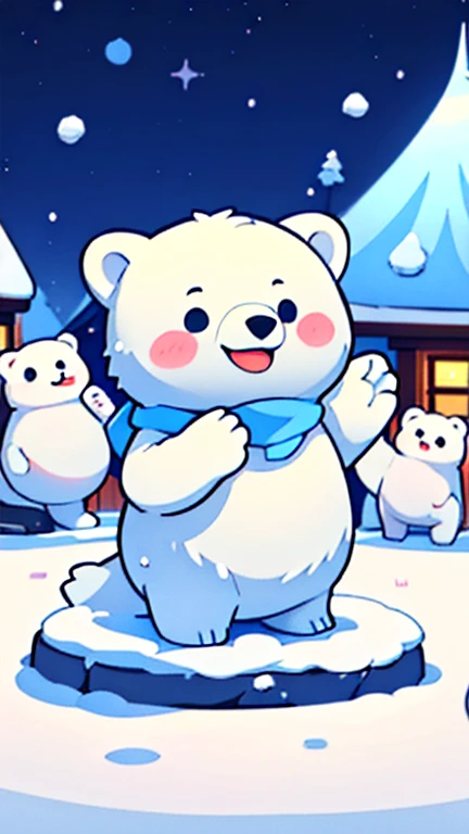play in the snow。 exterior：。A polar bear with a body covered in white fur.。，Ice sculpture。 scene：heavy snow，Cute polar bear playing with a group of friends.。They build a snowman、Snow War，A joyous laughter echoed through the snow and ice..。