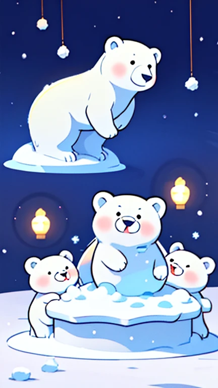 play in the snow。 exterior:。A polar bear with a body covered in white fur.。,Ice sculpture。 scene:heavy snow,Cute polar bear playing with a group of friends.。They build a snowman、Snow War,A joyous laughter echoed through the snow and ice..。