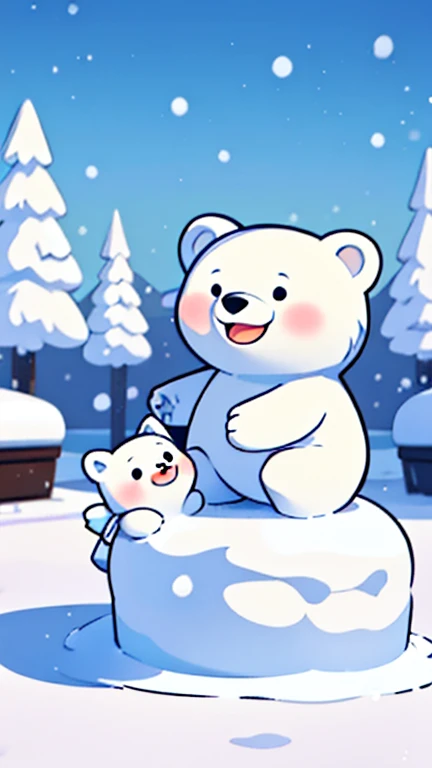 play in the snow。 exterior：。A polar bear with a body covered in white fur.。，Ice sculpture。 scene：heavy snow，Cute polar bear playing with a group of friends.。They build a snowman、Snow War，A joyous laughter echoed through the snow and ice..。