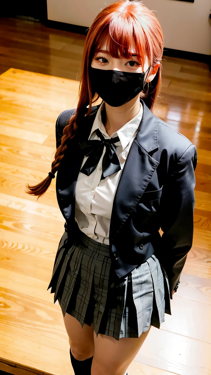 Highest quality、Ultra-high resolution、RAW Photos、(Shooting from above)、Professional Lighting、Detailed Background、In the classroom、full body,Makima、25-year-old female、(High tone cherry pink hair)+(Long braided hair)+(bangs)、(Yellow Eyes)、(Japanese high school girls uniform)、(Uniform ribbon:1.1)+(White shirt:1.1)+(Blue checkered pleated skirt:1.2)、Large Breasts、(Huge breasts that look like they might burst:1.1)、(Big thighs:1.1)、Beautiful Skin、Wide-open eyes、A sloppy smile、Model pose、Wear a black mask、Wide-open eyes、Beautiful double eyelids