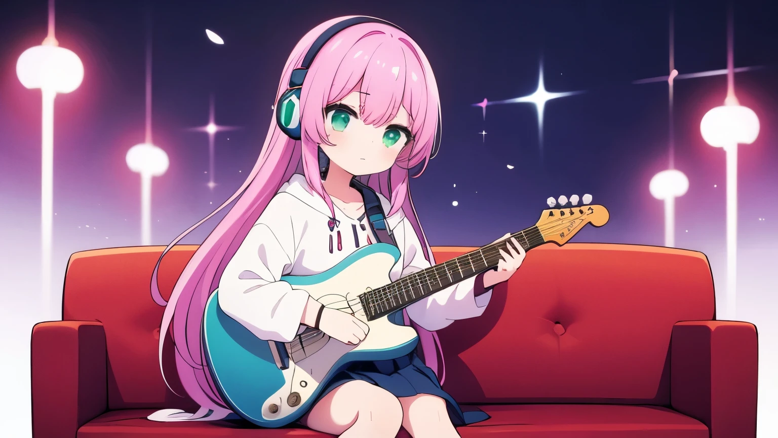 The girl is sitting on a comfortable sofa、Wrapped in a pink hoodie、Headset worn around neck。Her long hair fluttering in the wind、Enjoying the music with a calm expression。the eyes are green、Enjoying music with an electric guitar。I need an image for my YouTube header.。full body