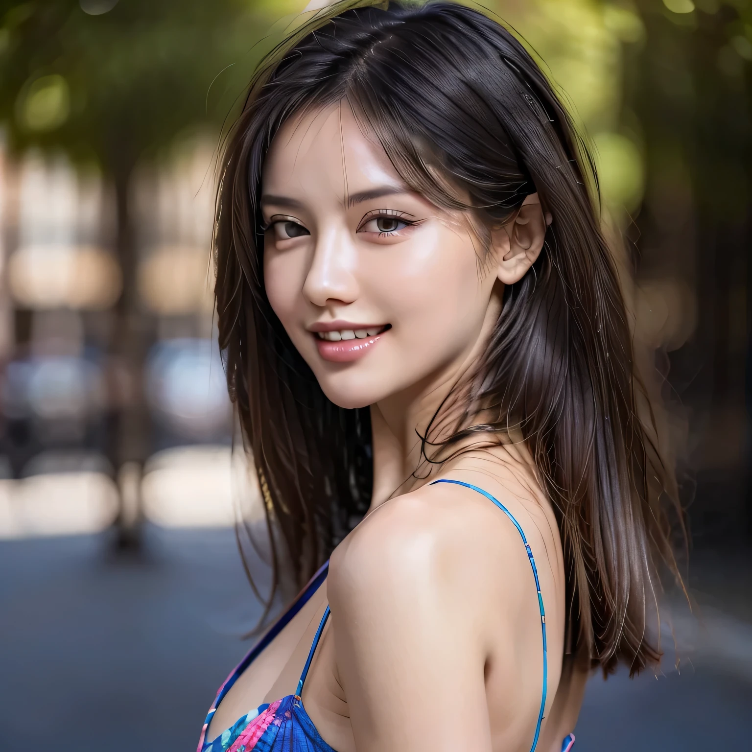 (8k, RAW Photos, highest quality, masterpiece, Realistic, Realistic), (1 female), (Ultimate beauty), Highly detailed face, (Perfect Teeth), Beautiful Eyes, double eyelid, eyelash, smile, Lip details, (Neat brunette bob), The light shines on your face, Big Breasts, ((Colorful mini dresses)), (front view), (background: none),  Background blur