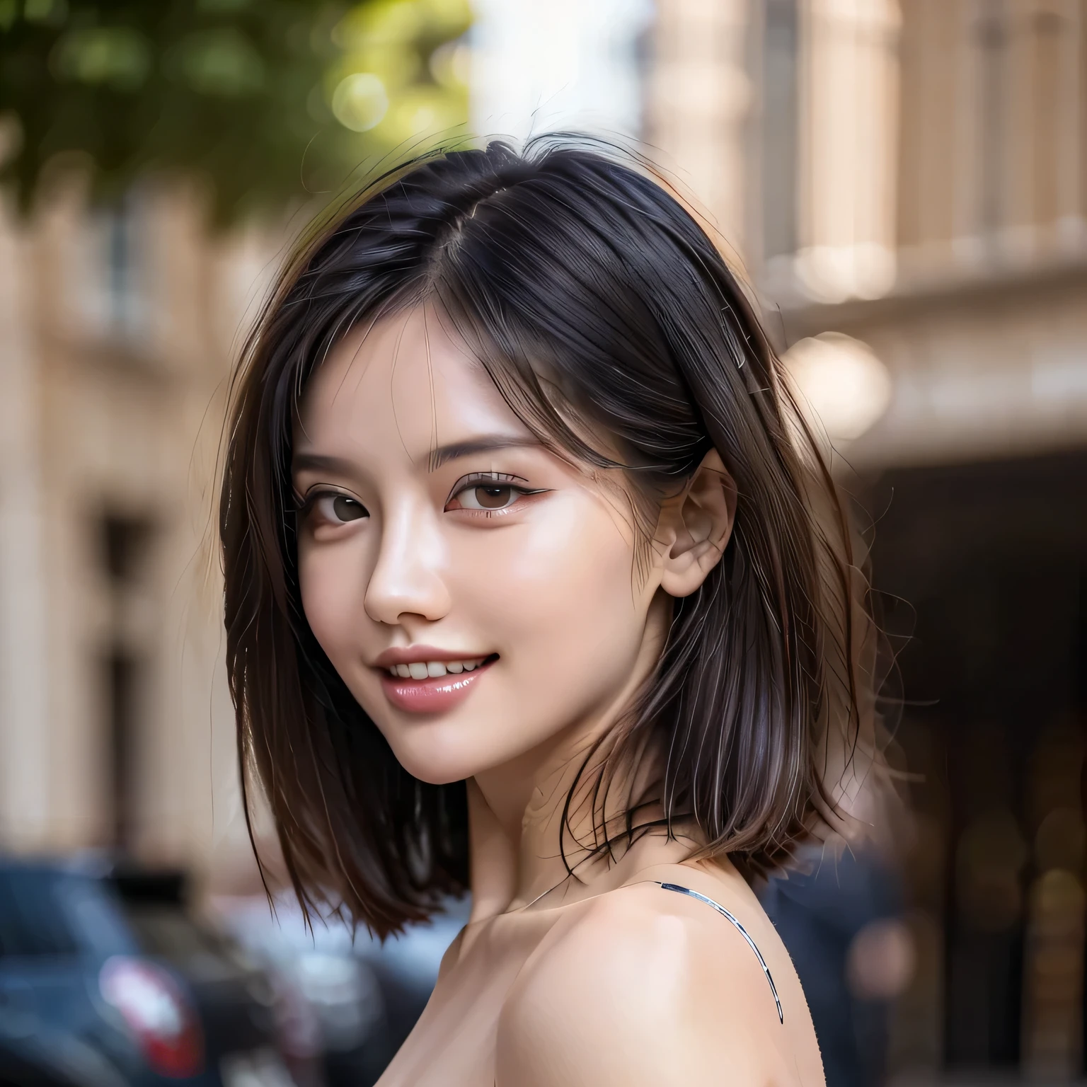 (8k, RAW Photos, highest quality, masterpiece, Realistic, Realistic), (1 female), (Ultimate beauty), Highly detailed face, (Perfect Teeth), Beautiful Eyes, double eyelid, eyelash, smile, Lip details, (Neat brunette bob), The light shines on your face, Big Breasts, ((Colorful mini dresses)), (front view), (background: none),  Background blur