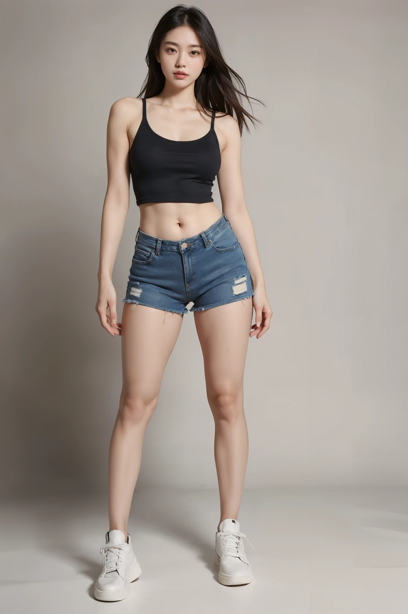 2 girls, masterpiece, best quality, highly detailed, simple wall background, (tall model body shape), beautiful face, tight ripped denim pants, tight short tank top, sneakers, athletic body, thick thighs