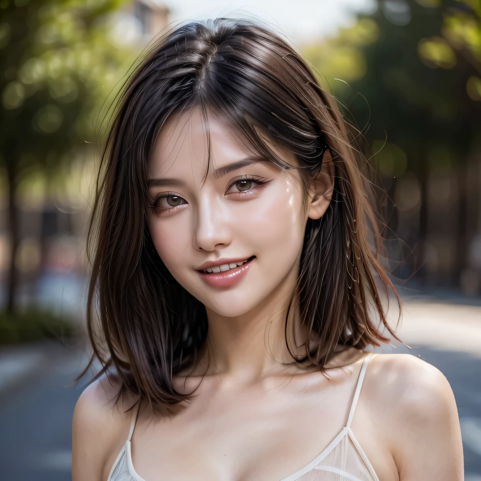 (8k, RAW Photos, highest quality, masterpiece, Realistic, Realistic), (1 female), (Ultimate beauty), Highly detailed face, (Perfect Teeth), Beautiful Eyes, double eyelid, eyelash, smile, Lip details, (Neat brunette bob), The light shines on your face, Big Breasts, ((T-Shirts)), (front view), (background: none),  Background blur