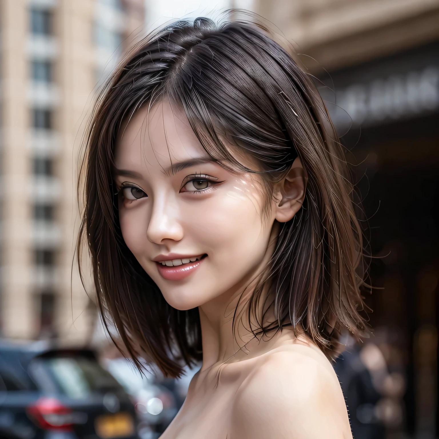 (8k, RAW Photos, highest quality, masterpiece, Realistic, Realistic), (1 female), (Ultimate beauty), Highly detailed face, (Perfect Teeth), Beautiful Eyes, double eyelid, eyelash, smile, Lip details, (Neat brunette bob), The light shines on your face, Big Breasts, ((T-Shirts)), (front view), (background: none),  Background blur