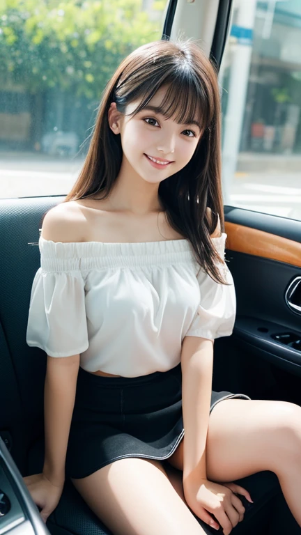 Highest quality、One girl、Cute face、smile、Inside the car、Sitting in the passenger seat、Off the shoulder、mini skirt、Bare legs、Sexy Legs, Best lighting, Bright room, Refreshing atmosphere