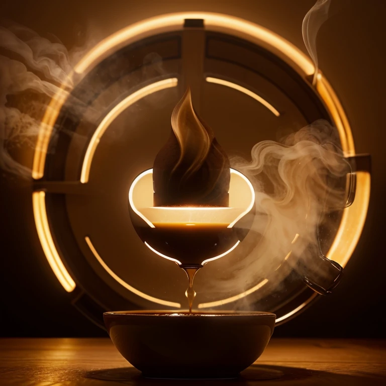 Logo features a cup of coffee with steam rising in the shape of a light bulb, symbolizing the creativity and innovation behind our coffee ideas. The predominant colors are warm tones such as brown and beige., que evocan la comodidad y la calidez de nuestro espacio.