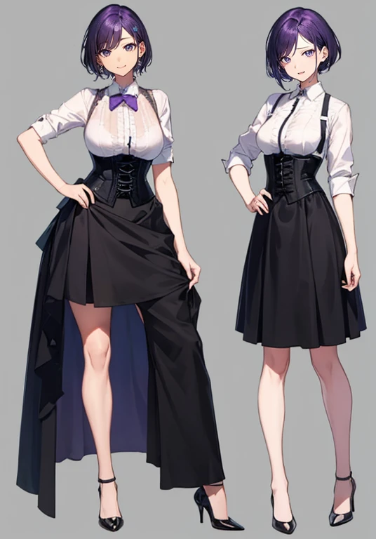 Purple hair,short cut hair,Adult female,(Bartender),((Rolling up your sleeves shirt)),(Corset),(Tight skirt),(high heels),((Simple background)),Smile,((Full body)),((whole body)),Arms slightly outstretched,