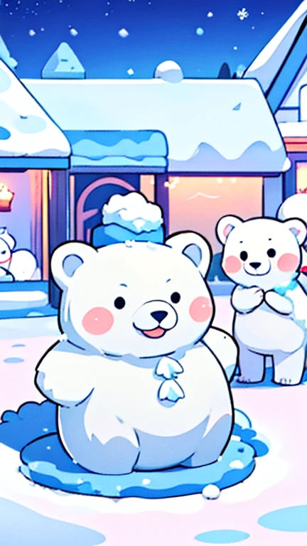 play in the snow。 exterior:。A polar bear with a body covered in white fur.。,Ice sculpture。 scene:heavy snow,Cute polar bear playing with a group of friends.。They build a snowman、Snow War,A joyous laughter echoed through the snow and ice..