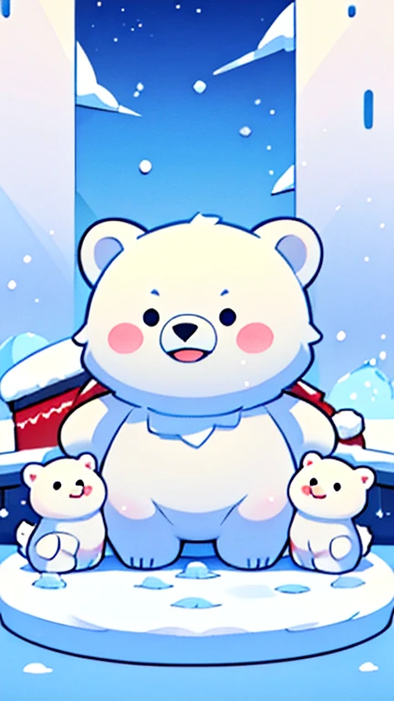 play in the snow。 exterior：。A polar bear with a body covered in white fur.。，Ice sculpture。 scene：heavy snow，Cute polar bear playing with a group of friends.。They build a snowman、Snow War，A joyous laughter echoed through the snow and ice..