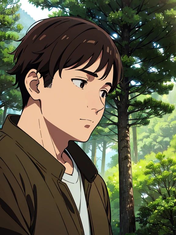 ((illustration)), (best quality)), ((masterpiece)), (detailed), image cover, hanajima_megumi, 1man, adult, obese, forest background, dark hair, stuffy jacket, daytime, morning, cinematic, close-up, front view, short hair, messy hair, 