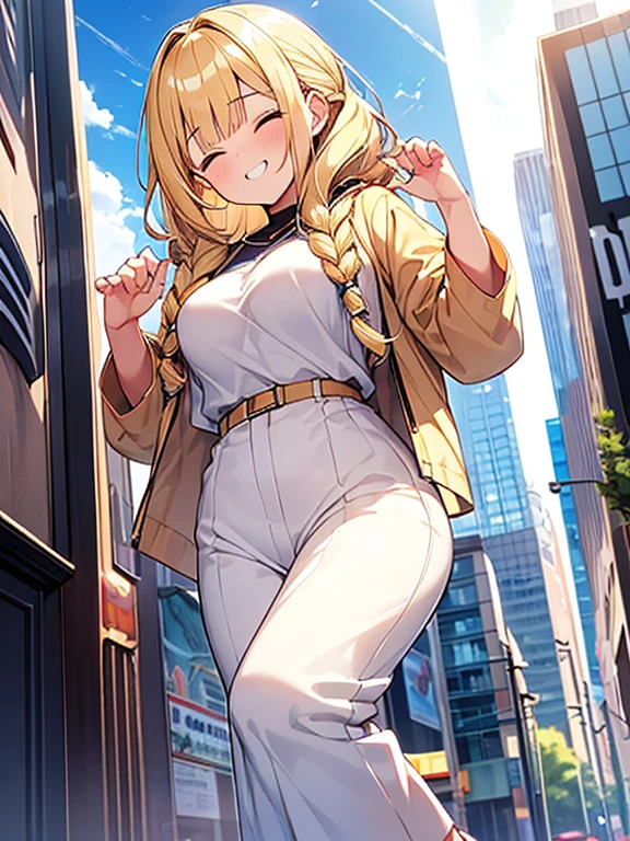 Masterpiece, Top quality, 1 beautiful girl, Blonde, medium Hair, Braided hair, wavy Hair, blunt bangs, silky hair, 17 year old, standard weight, (medium breasts :1.2), (cool clothes:1.5), (happy :1.4), blush, grin, closed eyes, dynamic pose, beautiful scene of city, from below