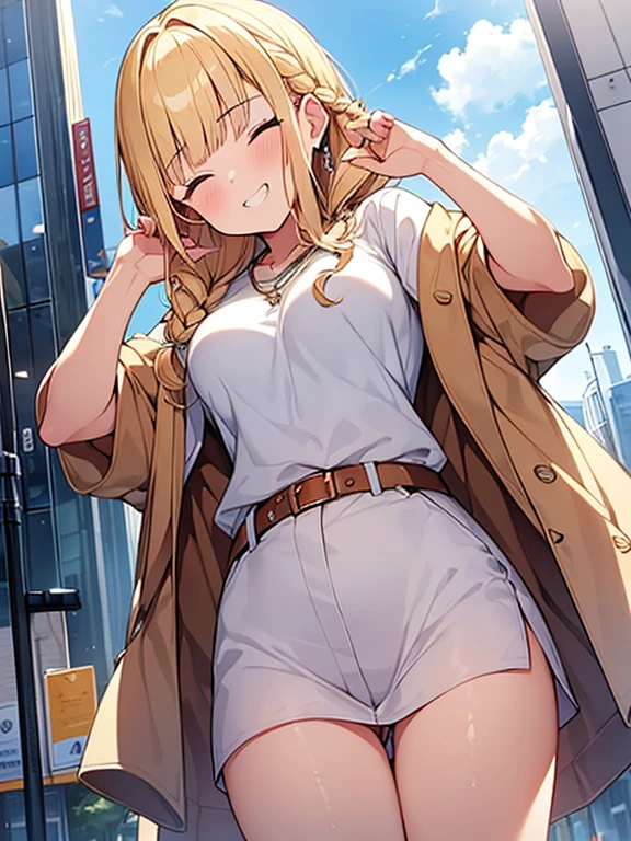 Masterpiece, Top quality, 1 beautiful girl, Blonde, medium Hair, Braided hair, wavy Hair, blunt bangs, silky hair, 17 year old, standard weight, (medium breasts :1.2), (cool clothes:1.5), (happy :1.4), blush, grin, closed eyes, dynamic pose, beautiful scene of city, from below