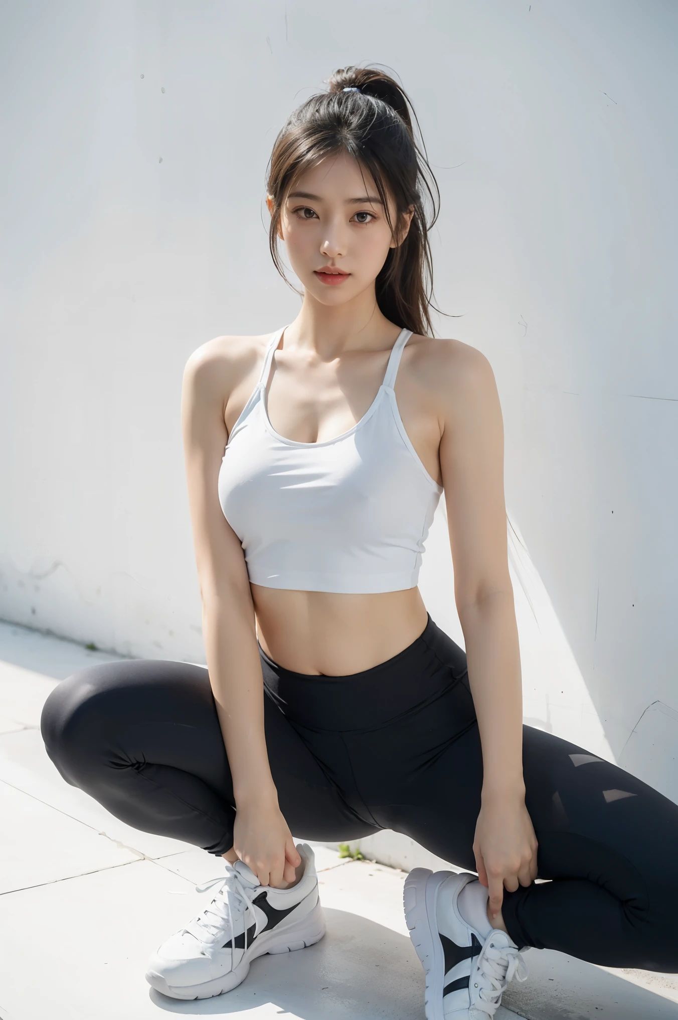 2 girls, masterpiece, best quality, highly detailed, simple wall background, (tall model body shape), beautiful face, tight yoga pants, tight short tank top, sneakers, athletic body, thick thighs