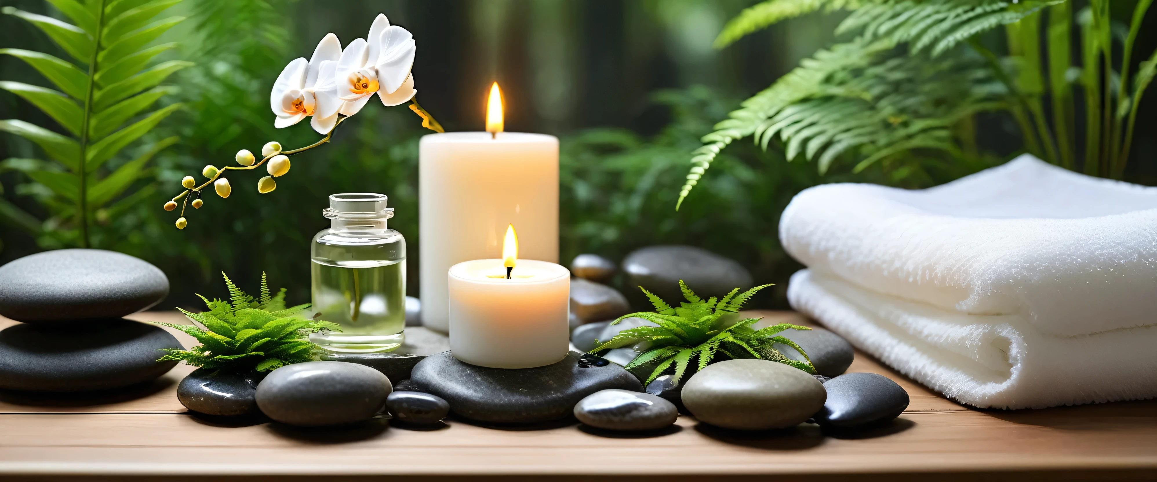 A minimalist Japanese style scene,There is a gurgling stream.Stone platform covered with ferns located deep in the tranquil forest bokeh background、Light two scented candles,white phalaenopsis、White silk scarf、SPA energy crystals of various colors、Exquisite transparent SPA essential oil in glass bottle,Create a fresh、Bright、Relaxing and comfortable atmosphere,Evoking a sense of tranquility and simplicity。A peaceful aura or meditative state has a warm and pure atmosphere