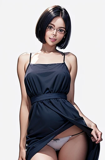 (masterpiece), (8k, best quality, high resolution), (ultra-detailed, realistic), (anatomically correct),
((from head to thighs)), (Standing), (No background),
(1woman), (looking at viewer), (Pull the dress up to the navel with both hands),
(A Japanese woman, 30 years old and 155cm tall),
(black hair), (straight hair), (short hair style), ((bob cut)), (hair behind ears),
(wear glasses), ((black cell frame glasses)),
((Wear a navy blue spaghetti strap dress)), ((Mini length dress with a simple design and minimal decoration)),
(wear panties), ((white panties)),
(Create a detailed image of the eye),
(Her impression is pure, clean and kind.),
((A captivating smile, just showing a few teeth.)),