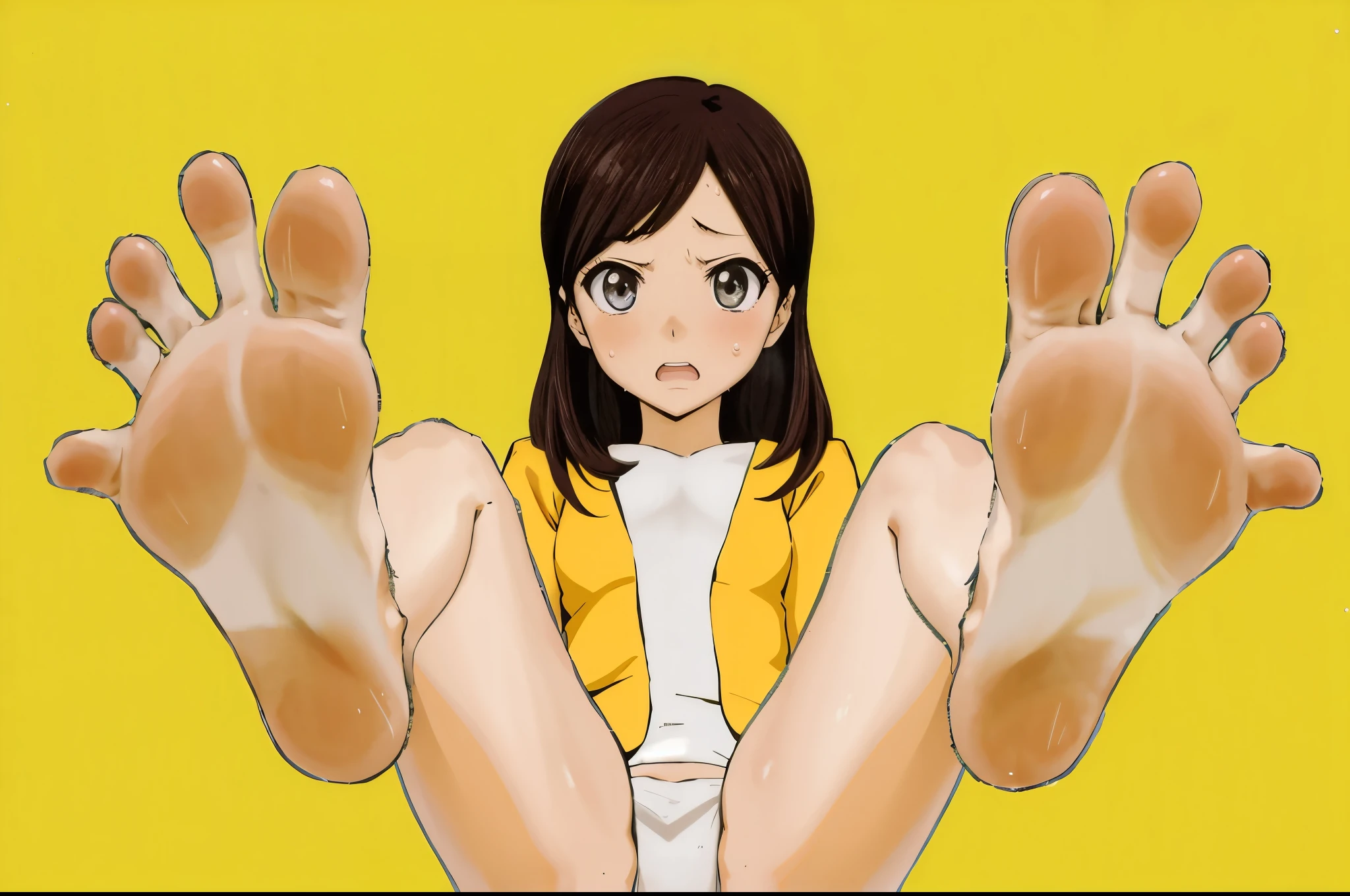 onlyを見せながら座っている女性の漫画の絵, Crouching anime girl, Her legs are sticking out, Foot pose, Foot Art, High only,, [ Digital Art ]!!, [ A view from her feet, Low Angle!!!!, Big legs、Sentai Heroine、Super Sentai、odor、Sweaty feet、barefoot、only, Samurai Sentai Shinkenger, Shinken Yellow, Embarrassed look, odor, 