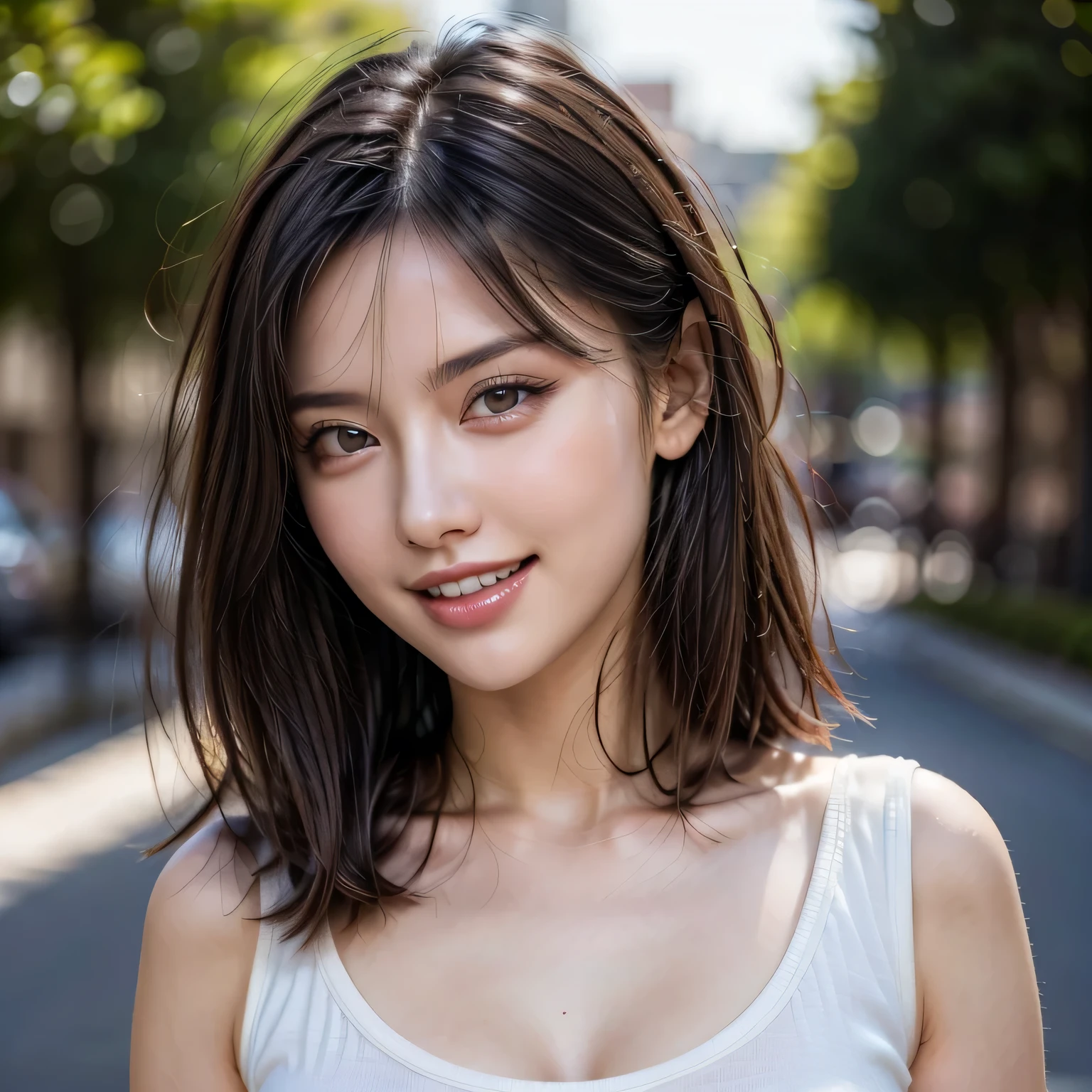 (8k, RAW Photos, highest quality, masterpiece, Realistic, Realistic), (1 female), (Ultimate beauty), Highly detailed face, (Perfect Teeth), Beautiful Eyes, double eyelid, eyelash, smile, Lip details, (Neat brunette bob), The light shines on your face, Big Breasts, ((T-Shirts)), (Front view), (background: none),  Background blur