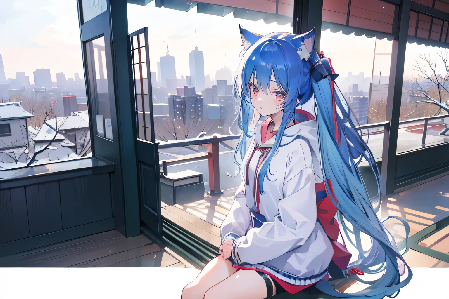 （masterpiece：1.2），Super detailed，lifelike，Expressive eyes，fair skin，perfect face shape，1 girl，
Japanese comics,Gorgeous blue hair,flowing blue hair,flowing clothes,Cat ears,Petals fall,beautiful lola,Baby Angel,sunrise,
Cross your legs，Gentle and peaceful background，The pavilion is cool and comfortable,smile, wearing hoodie, background of tokyo,back views,snowing, winter.