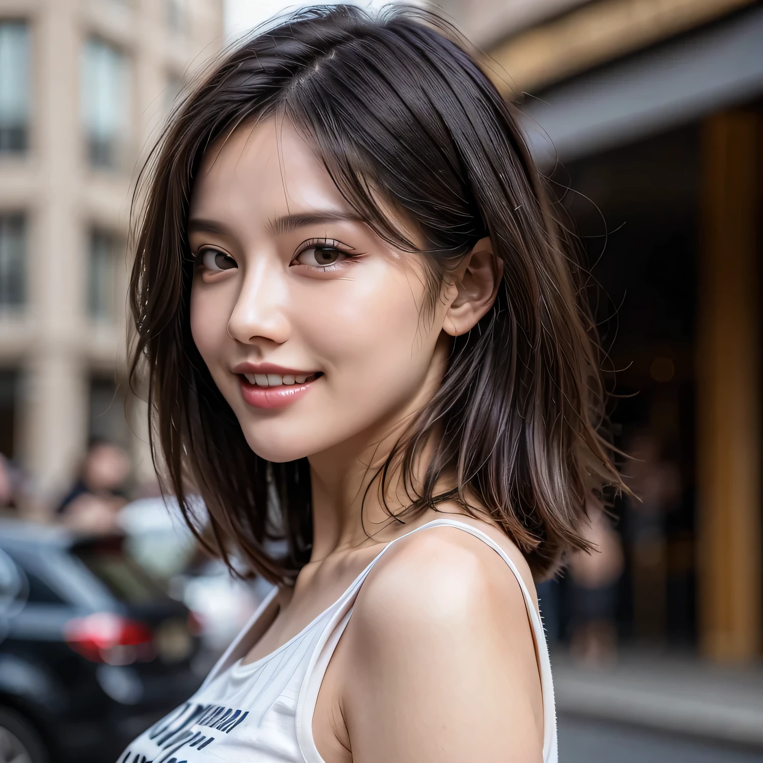 (8k, RAW Photos, highest quality, masterpiece, Realistic, Realistic), (1 female), (Ultimate beauty), Highly detailed face, (Perfect Teeth), Beautiful Eyes, double eyelid, eyelash, smile, Lip details, (Neat brunette bob), The light shines on your face, Big Breasts, ((T-Shirts)), (Front view), (background: none), Background blur