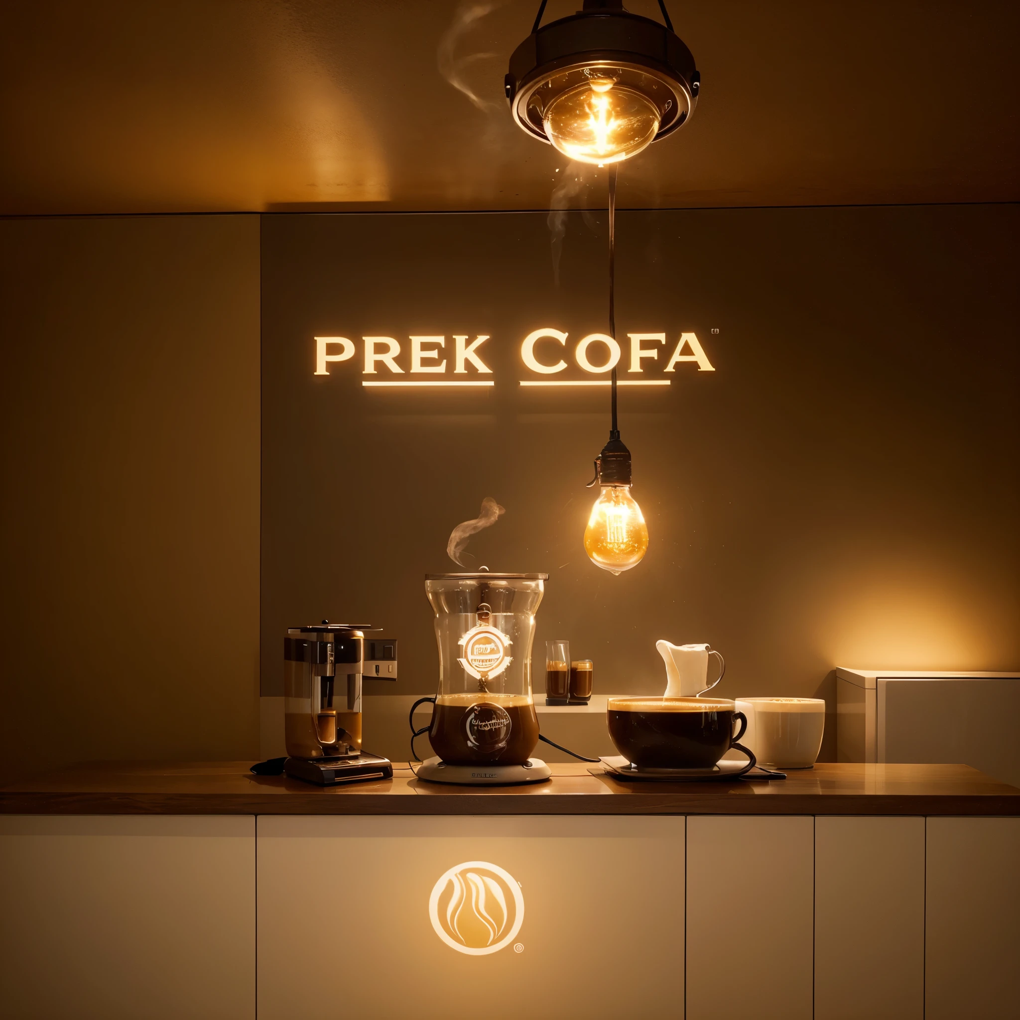 Logo features a cup of coffee with steam rising in the shape of a light bulb, symbolizing the creativity and innovation behind our coffee ideas. The predominant colors are warm tones such as brown and beige., que evocan la comodidad y la calidez de nuestro espacio.