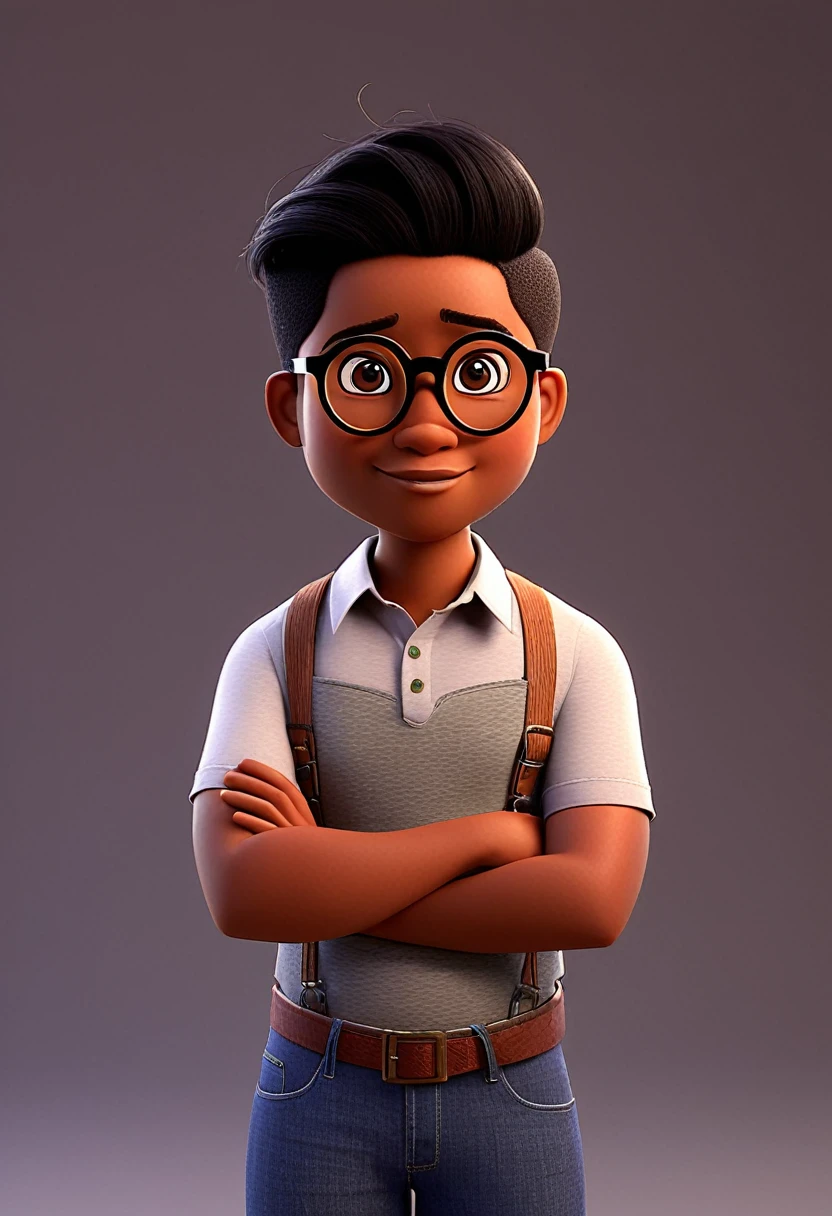 Create a 3D illustration of a brown lesbian pixar style animated character with round glasses and black male hair marketing professional The character's background
