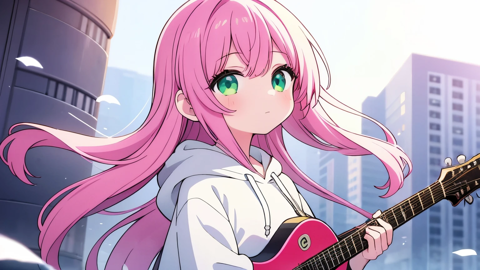 The girl、Wrapped in a pink hoodie、I have earphones plugged into my ears。Her long hair fluttering in the wind、Enjoying the music with a calm expression。the eyes are green、Enjoying music with a guitar。