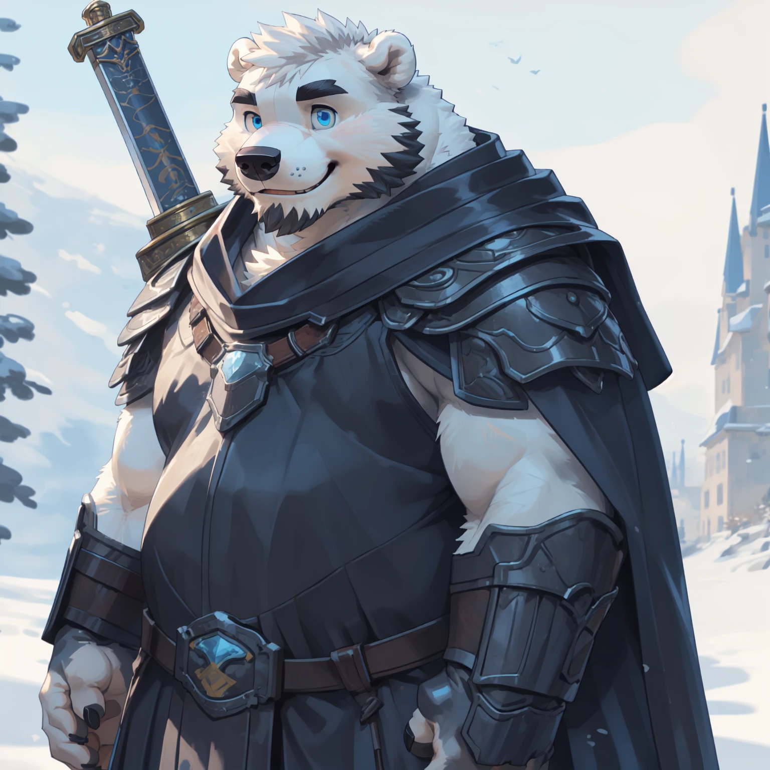 New Jersey 5 Hairy,polar bear,Full body portrait of an individual,exquisite, chubby,Fat,thick arms,Rugged muscles,Naked from the waist down,White plush fur,chubby脸,black eyebrows,sky blue eyes,beard,Warrior attire,cloak,front,battlefield