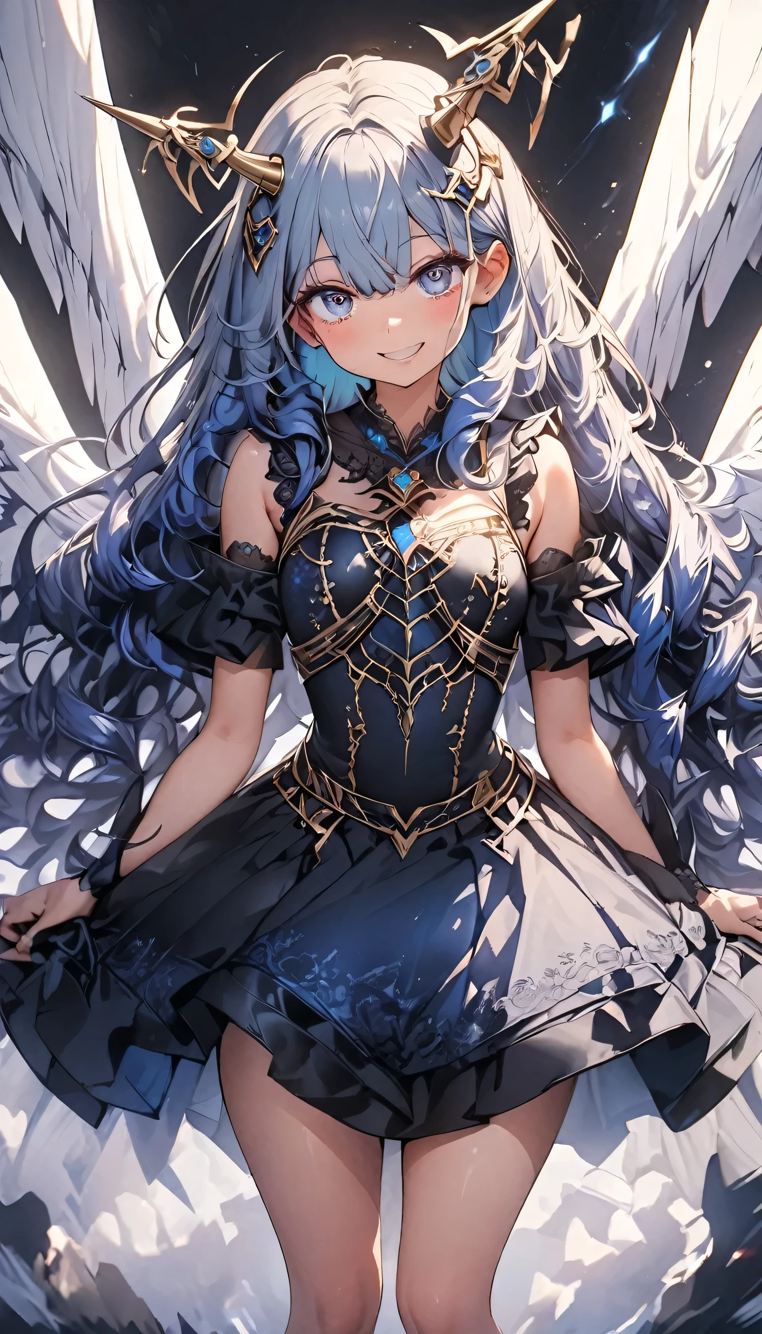 masterpiece, best quality, extremely detailed, high resolution, Japanese anime,1girl, Blue cyan silver navy blue hair, (medium length hair:1.4), wavy hair, drill hair, (mechanical horn:1.5), mechanical wing, (blue eyes:1.5), (beautiful detailed eyes:1.4), laugh, 130cm tall, original character, fantasy, (black background:1.2), (full body:1.8), beautiful fingers, standing, (black blue lace frill armor dress:1.5), (bejeweled headgear:1.5) , shoot from front, looking at viewer