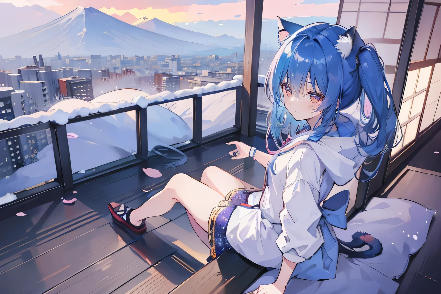 (masterpiece:1.2),Super detailed,lifelike,Expressive eyes,fair skin,perfect face shape,1 girl,
Japanese comics,Gorgeous blue hair,flowing blue hair,flowing clothes,Cat ears,Petals fall,beautiful lola,Baby Angel,sunrise,
Cross your legs,Gentle and peaceful background,The pavilion is cool and comfortable,smile, wearing hoodie, background of tokyo,back views,snowing, winter.