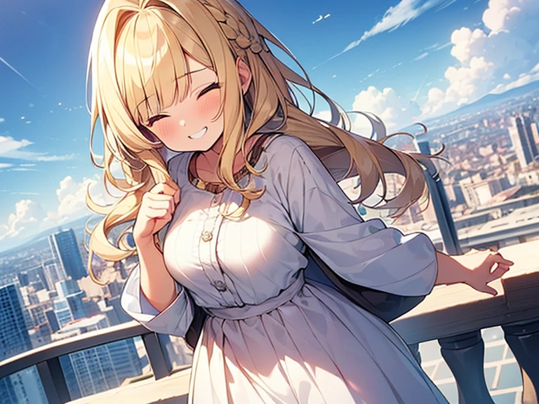 Masterpiece, Top quality, 1 beautiful girl, Blonde, medium Hair, Braided hair, wavy Hair, blunt bangs, silky hair, 17 year old, standard weight, (medium breasts :1.2), (cool clothes:1.5), (happy :1.4), blush, grin, closed eyes, dynamic pose, beautiful scene of city, from above, blurry background, magnificent panorama view