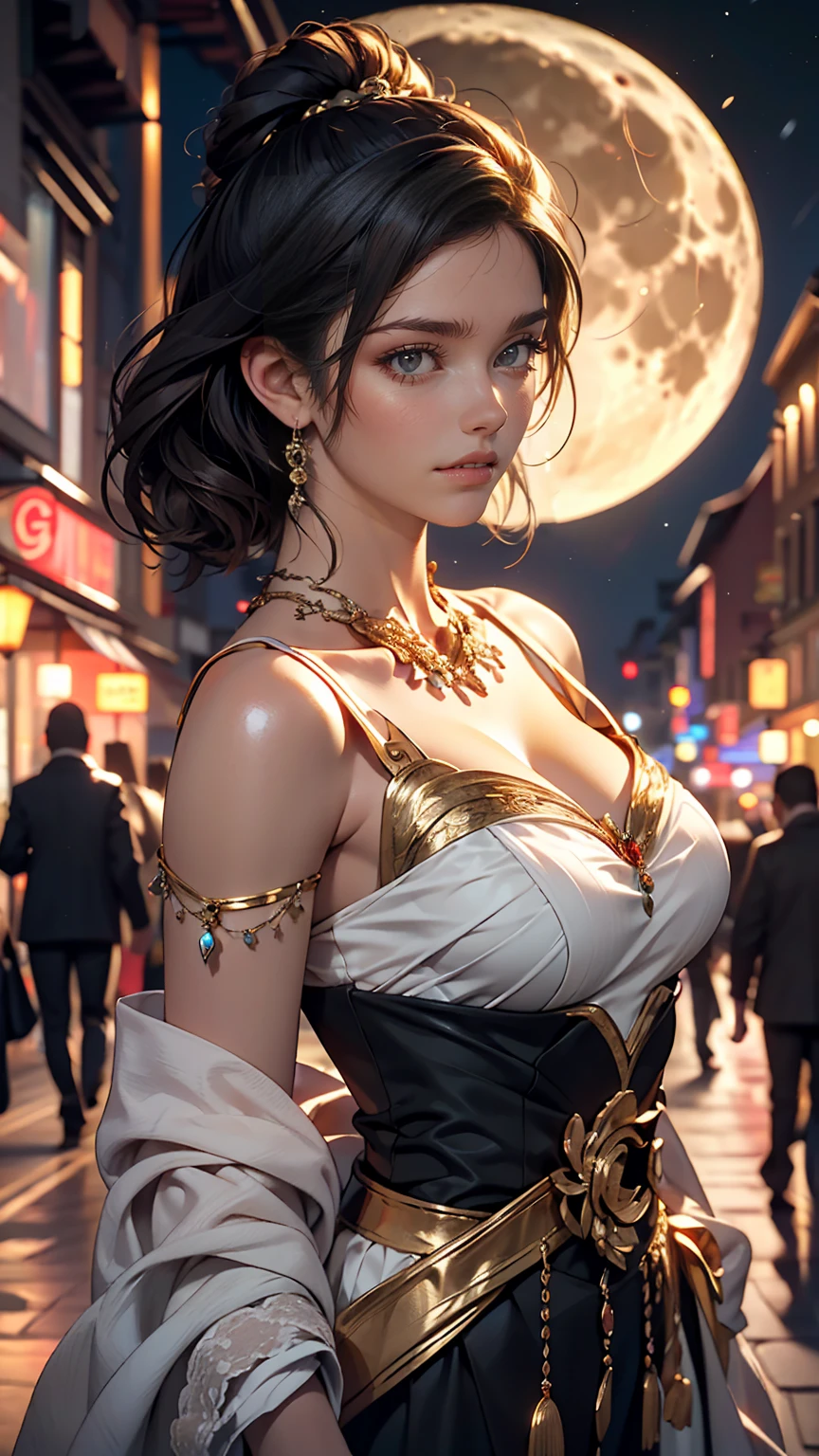 masterpiece, highest quality, Miranda, (Half Body Shot,Street lamp,moon),masterpiece, One girl, Solo Exhibitions, Beautiful woman on a busy street, Surrounded by peddlers, Beautiful Goddess Girl Portrait, Beautiful and elaborate face, Porcelain-like skin, (((Bust Shot, center, night, Black Hair, short hair)), Very soft lighting, Symmetric, complicated, grace, Attention to detail, realism, art, concept art,