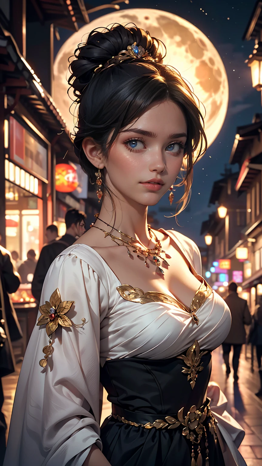 masterpiece, highest quality, Miranda, (Half Body Shot,Street lamp,moon),masterpiece, One girl, Solo Exhibitions, Beautiful woman on a busy street, Surrounded by peddlers, Beautiful Goddess Girl Portrait, Beautiful and elaborate face, Porcelain-like skin, (((Bust Shot, center, night, Black Hair, short hair)), Very soft lighting, Symmetric, complicated, grace, Attention to detail, realism, art, concept art,