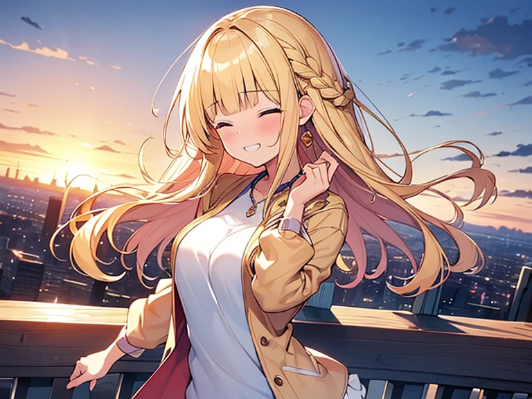 Masterpiece, Top quality, 1 beautiful girl, Blonde, medium Hair, Braided hair, wavy Hair, blunt bangs, silky hair, 17 year old, standard weight, (medium breasts :1.2), (cool clothes:1.5), (happy :1.4), blush, grin, closed eyes, dynamic pose, beautiful scene of city, from above, blurry background, magnificent panorama view, sunset