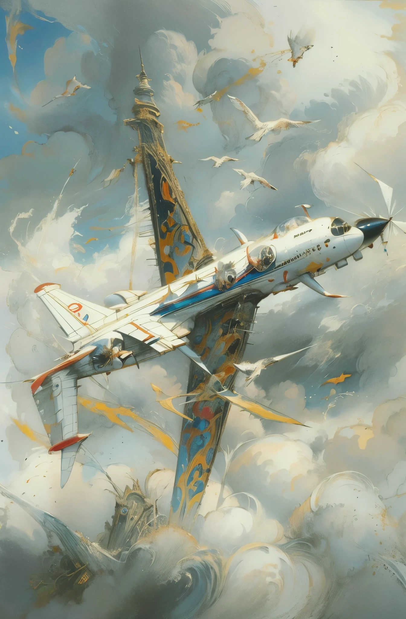 there is a small white plane flying in the sky with clouds, Photo by Edward Clark, Sharp fuselage, Flicker, letter, Cessna glider plane, Cessna, aircraft, aeroplane, flying aircrafts, fused aircraft parts, speedy aircraft, plane, The other is used for flying, Ultra-detailed paintings inspired by WLOP, ArtStation Trends, Fantasy art, intricate WLOP, art of WLOP, WLOPart, WLOP |, the style of WLOP, Beautiful character drawings, WLOP painting style, WLOP | art germ, Unparalleled Beauty Tumbler, Figurative art, Intense watercolor, Watercolor detailed art, Watercolor splash, Surreal, Avant-garde pop art, Beautiful and expressive paintings, Beautiful artwork illustration, Very colorful tones, wonderful, masterpiece, highest quality, Official Art, Sharp contours, Best Shot, Vector art, By Sandra Chevrier, Dave McKean、Richard Avedon、By Makiej Kusiala, Bright design