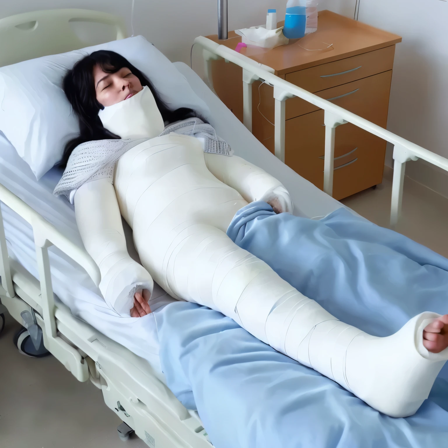 photorealistic, highly detailed, photo, arafed woman laying in a hospital bed with a cast on her leg, mummified in bandages, in hospital bed, covered in bandages, surgical impliments, with wires and bandages, bandage, injured, body swelling about to explode, gauze, broken bones, medical photography, mummy, cast, sickly, bandage on arms