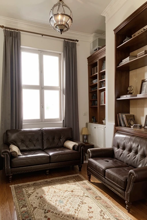 Seria uma sala de estar, approximately seven meters long by three meters wide. To the left, in a kind of alcove, a large, worn black leather sofa would have on each side two light cherry shelves on which books would be piled, misturados. Above the sofa, um portulano ocuparia todo o comprimento da parede. More than a low table, under a prayer rug, de seda, hanging on the wall by three large-headed copper studs, e que estaria em simetria com o painel de couro, another sofa, perpendicular ao primeiro, forrado de veludo marrom-claro, would lead to a tall little piece of furniture on legs, laqueado de vermelho-escuro, furnished with three shelves that would hold knick-knacks: agates and stone eggs, snuff boxes, bomboneiras, cinzeiros de jade, a mother-of-pearl shell, a silver pocket watch, um copo lavrado, a crystal pyramid, uma miniatura dentro de uma moldura oval. Mais adiante, depois de uma porta acolchoada, prateleiras superpostas, forming an angle, would contain albums and records, next to a closed record player with only four brushed steel buttons visible, and which would have at the top an engraving representing the Grand défilé de la fête du Carrousel.