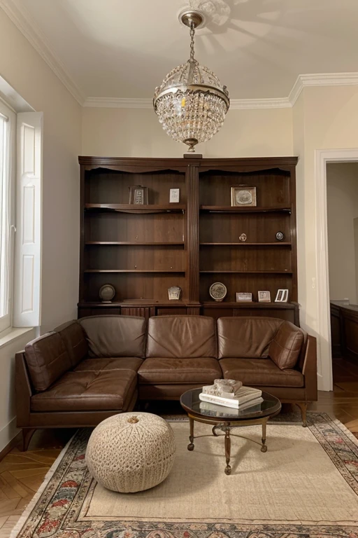 Seria uma sala de estar, approximately seven meters long by three meters wide. To the left, in a kind of alcove, a large, worn black leather sofa would have on each side two light cherry shelves on which books would be piled, misturados. Above the sofa, um portulano ocuparia todo o comprimento da parede. More than a low table, under a prayer rug, de seda, hanging on the wall by three large-headed copper studs, e que estaria em simetria com o painel de couro, another sofa, perpendicular ao primeiro, forrado de veludo marrom-claro, would lead to a tall little piece of furniture on legs, laqueado de vermelho-escuro, furnished with three shelves that would hold knick-knacks: agates and stone eggs, snuff boxes, bomboneiras, cinzeiros de jade, a mother-of-pearl shell, a silver pocket watch, um copo lavrado, a crystal pyramid, uma miniatura dentro de uma moldura oval. Mais adiante, depois de uma porta acolchoada, prateleiras superpostas, forming an angle, would contain albums and records, next to a closed record player with only four brushed steel buttons visible, and which would have at the top an engraving representing the Grand défilé de la fête du Carrousel.