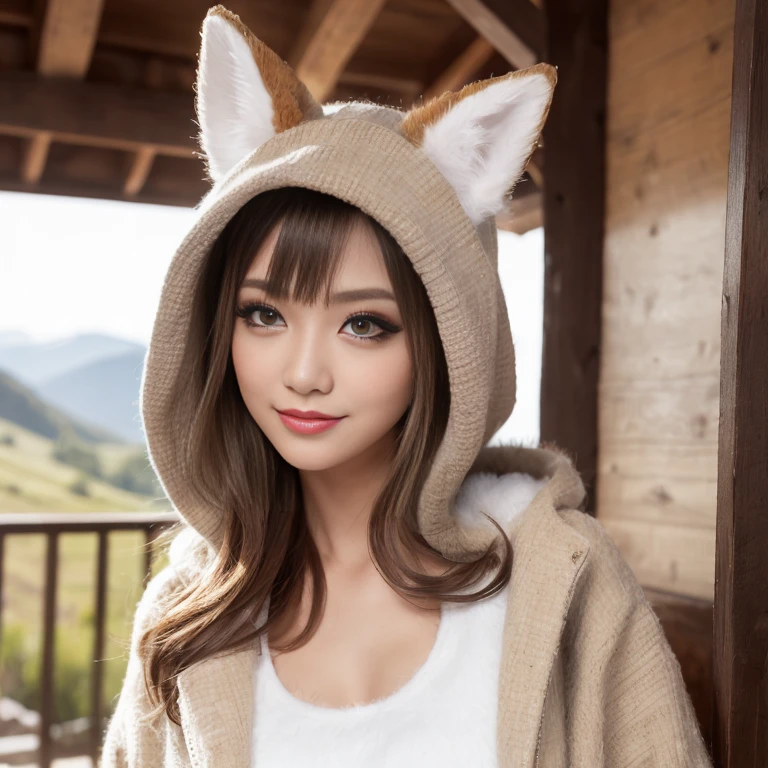 (highest quality、Tabletop、In 8K、Best image quality)、(Girl with very realistic fox ears:1.2)、(Very realistic and finely textured ears:1.3)、Perfect Makeup、(Color Contact Lenses:1.2)、(Beautiful eyeshadow:1.2)、Blonde、Brown Hair、Long Wavy Hair、A photo of her from the waist up、(The best smiles to see here:1.2)、The background is inside a cozy little mountain hut..、Inside a cozy little mountain hut、1 old fireplace、Warm and gentle lighting、(very realistic fur texture:1.3)、(very rich fur:1.2)、(Fur coat:1.3)、(fur hood:1.4)、(a large amount of fur:1.2)、(Fur carpet:1.3)、(非常にリアルな質感を持つa large amount of fur:1.3)、(Very realistic and detailed fur:1.2)、Big ample breasts