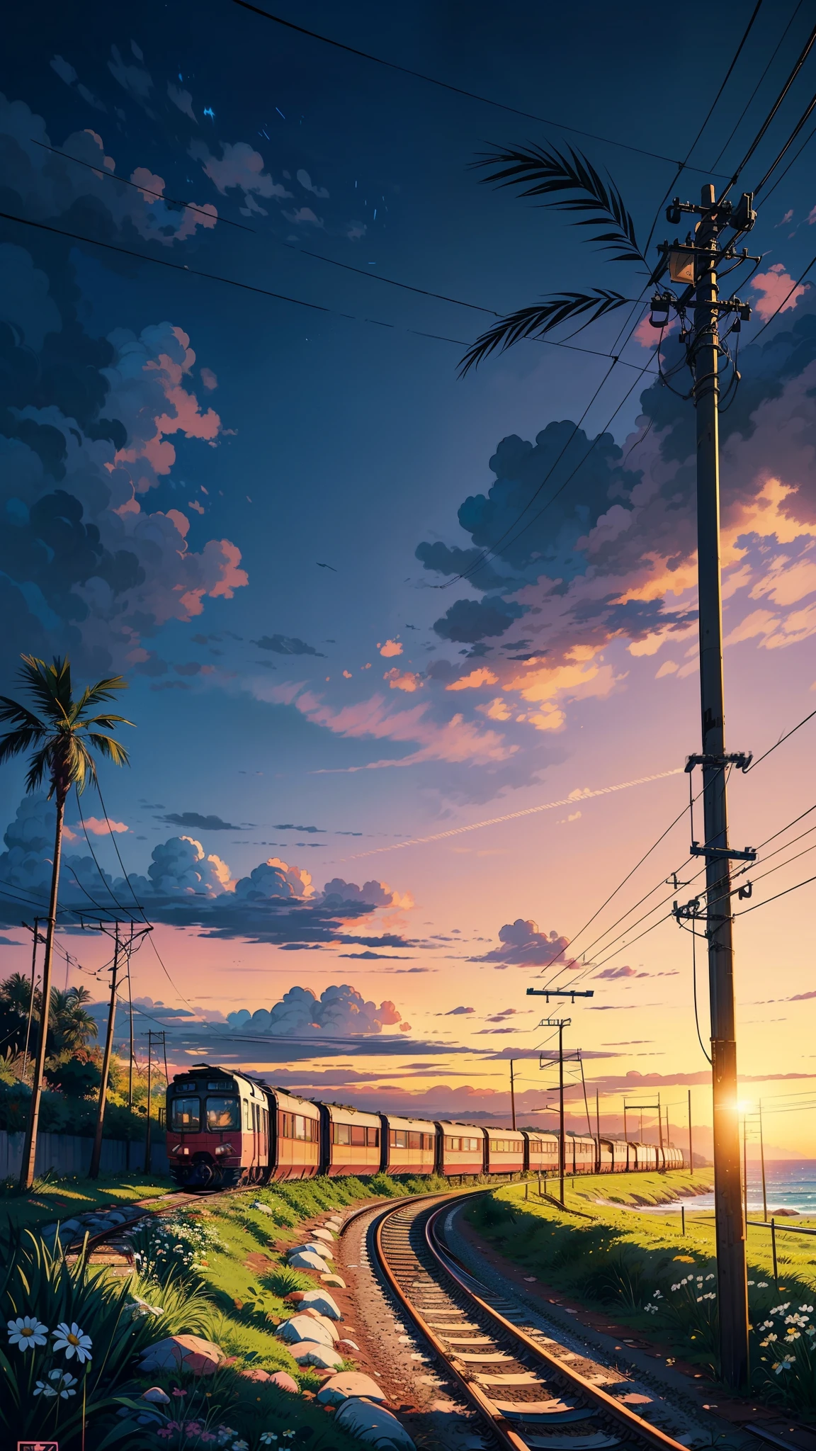 (masterpiece:1), (full anime view:1.5), (train trundles along the coastal tracks:1.6), (Lush palm trees sway in harmony:1.3), silence, (gentle lapping of waves:1.4), (white daisies growing around with long grass:1.2), magnificent sky, (Dim volumetric light:1.4), peaceful, (beautiful sky), (beautiful tones:1.5), (lofi ambience :1.4), (wires and poles: 1.4), (evening scene:1.3), (beautiful aesthetics:1.2), (scattered pink and blue sky:1.2), beautiful tones, subtle colors, peaceful, (illustration: 1.0), epic composition, realistic lighting, HD details, masterpiece, best quality, ,