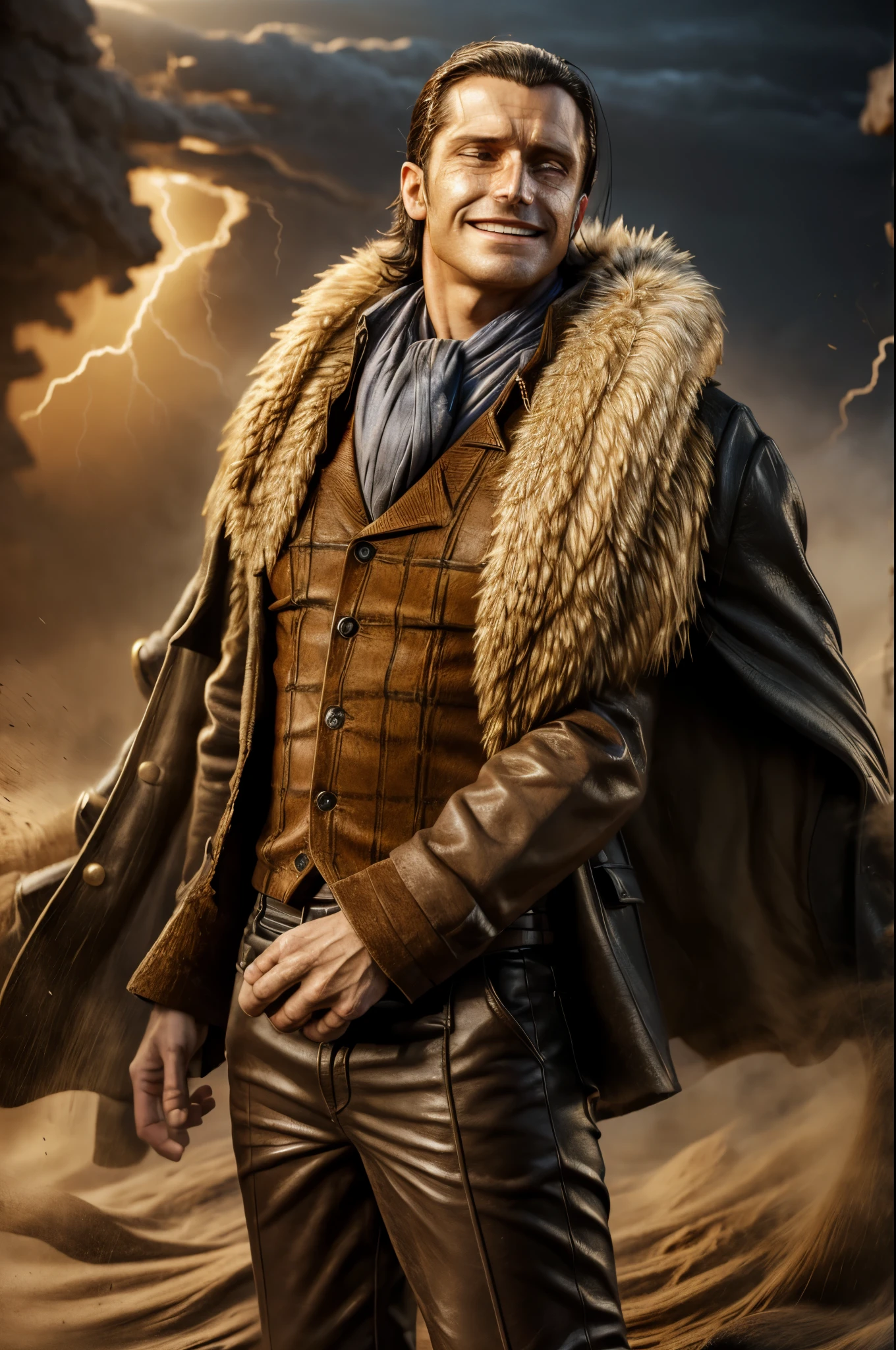 masterpiece, best quality, extremely detailed, hyperrealistic, photorealistic, a cool 40s man, ultra detailed face:1.2, fur-trimmed coat, scarf around the neck, sly smile:1.1, sandstorm, tornado, dynamic pose