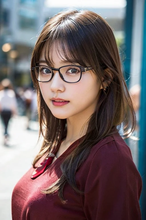 (8k、Raw photo、highest quality、masterpiece:1.2)、(Realistic、Photorealistic:1.37)、Ultra-detailed、超A high resolution、1 girl、Seeing the viewer、Beautifully detailed face、Laughter、narrow、(Narrow waist) :1.3)、((Red shirt outfit))、Beautifully detailed skin、Skin Texture、Floating Hair、((Tie your hair together))、Shapely large breasts、Professional Lighting、In front of the station at noon、((Black square glasses))、Human whole body、Brown Hair、((The line is busy))、